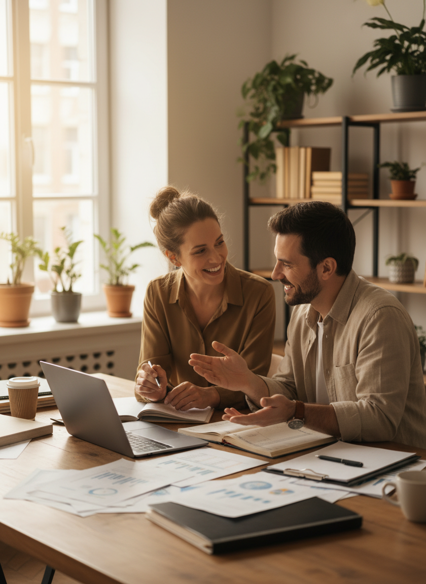 Bookkeepers reviewing financial reports together