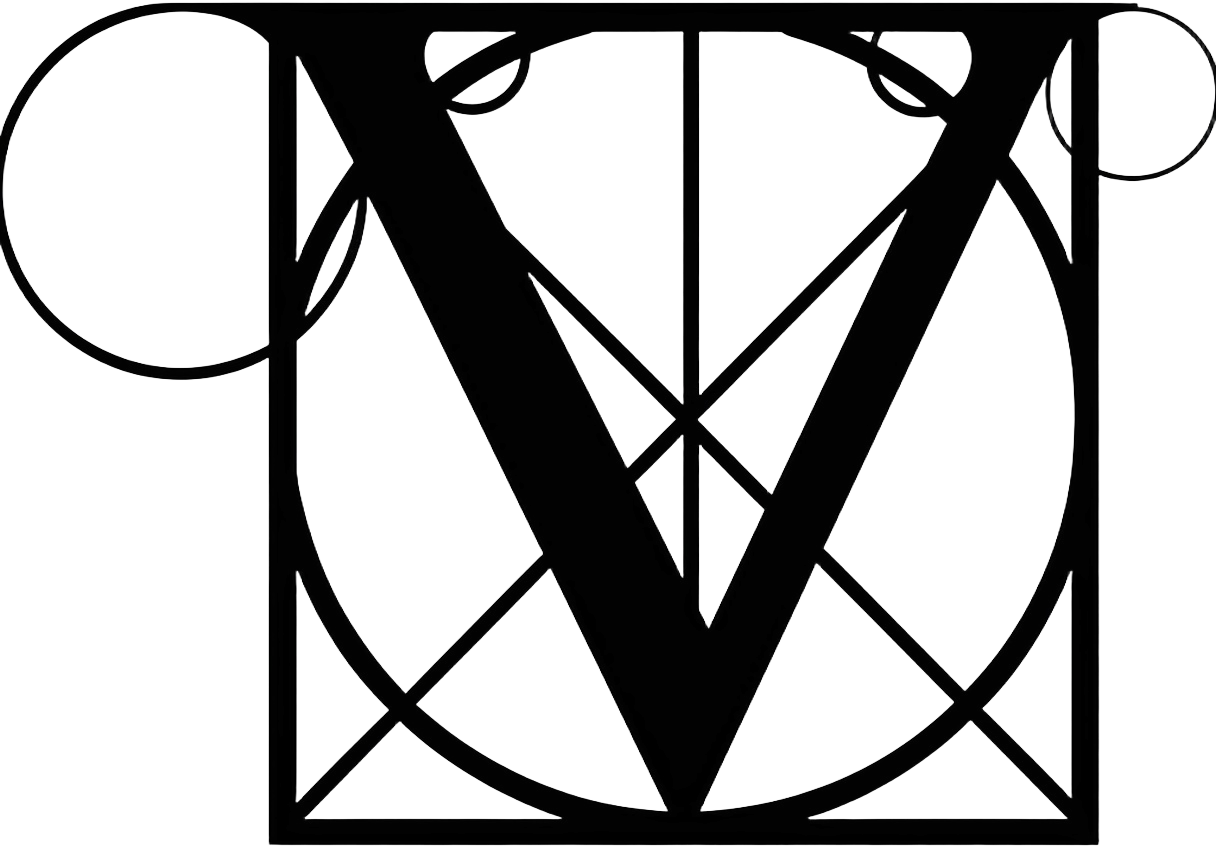 The Veritas business logo — a bold black geometric monogram with a V inside a circle and rectangular frame with decorative corner elements