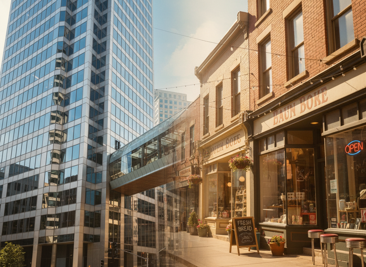 A split-scene image showing the contrast between two worlds: on the left, sleek glass corporate skyscrapers in a city financial district — polished, imposing, modern. On the right, a warm and inviting Main Street with small independent shops — a bakery, a boutique, a local diner. The two worlds blend together in the center, connected by a subtle bridge or visual transition. No people. Cinematic, professional photography style, warm and trustworthy tones.